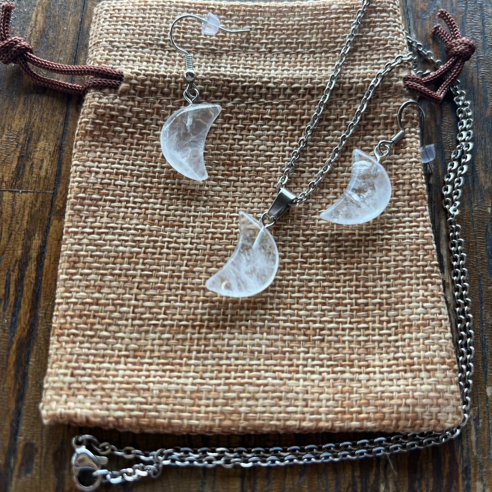 Clear Quartz Moon Necklace Clear Quartz Moon Earrings Matching Crystal Set